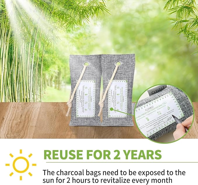 CLEVAST 6 Pack Activated Bamboo Charcoal Air Purifying Bags(6x60g), Natural Fresh Odor Absorber, Deodorizer and Moisture Eliminator, Air Purifier Bags for Home, Closet, Shoes, Car Air freshener