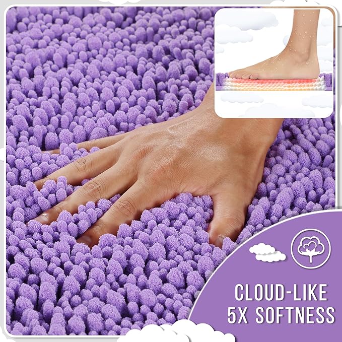 Yimobra Bathroom Rugs Non Slip Washable 32x20 Inch - Ultra Soft Absorbent Chenille Bath Mat, Quick Dry Shaggy Floor Carpet for Tub Shower, Lavender Home Decor Accessories