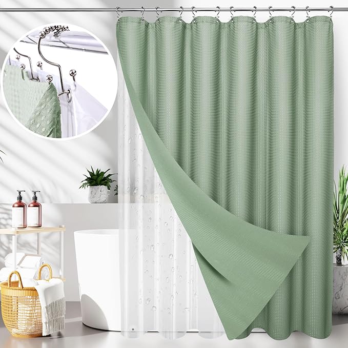LaCyan 3 in 1 Waterproof Waffle Weave Shower Curtain and Clear Liner Set with 12 Stainless Steel Hooks Double Sided for Bathroom 72 Inches Heavy Duty Polyester Fabric Shower Curtains 72x72