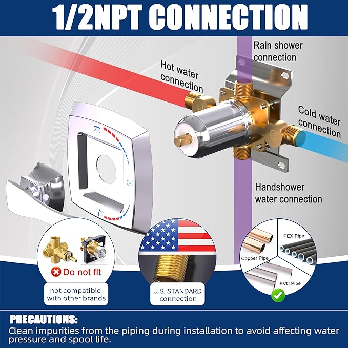 2 Way Shower Diverter Valve, All Metal Single-Handle Trim Kit Pressure Balance Shower Control Brass Rough-In Mixing Valve 1/2" NPT Connection, Polished Chrome
