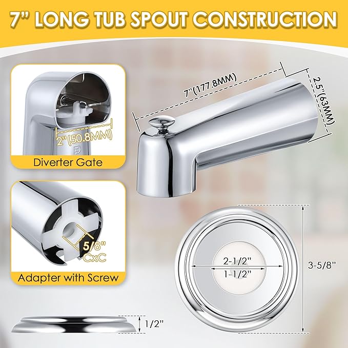 Enhon 7 Inch Slip on Tub Spout with Diverter, Compatible with Moen 3839/Moen 3853, Bathtub Diverter Spout Fits 1/2" Copper Water Tube(5/8" Diameter), 5/32" Hex Wrench(Polished Chrome,Cover Ring)