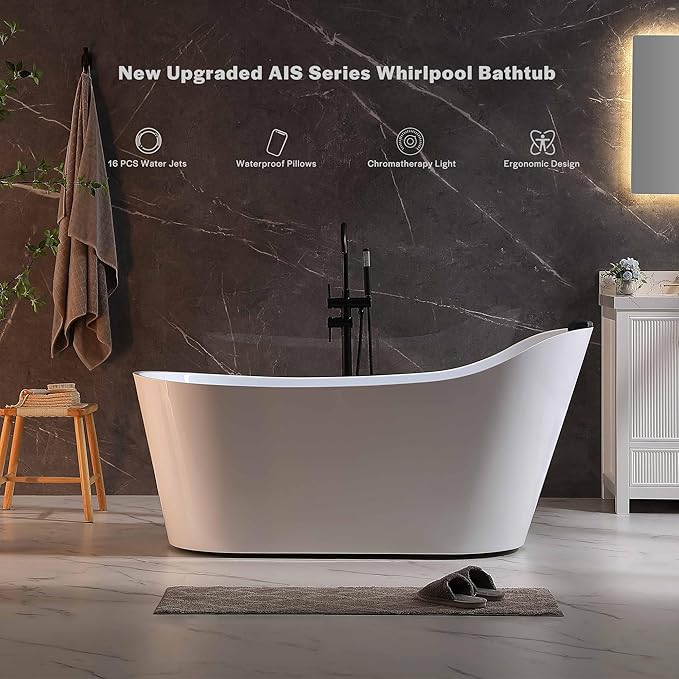 Empava Update Acrylic Whirlpool Bathtub, 67-Inch Freestanding Gracefully Oval Shaped Jetted Bathtub with Healing Chromotherapy, 16 Hydromassage Jets, Single-Ended Bathtubs with Pillow, No faucet