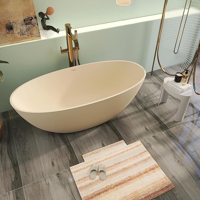 65" Premium Solid Surface Free Standing Bathtub, Upgraded Milky Coffee Design Stone Resin Soaking Tub with Overflow and Pop-up Drain