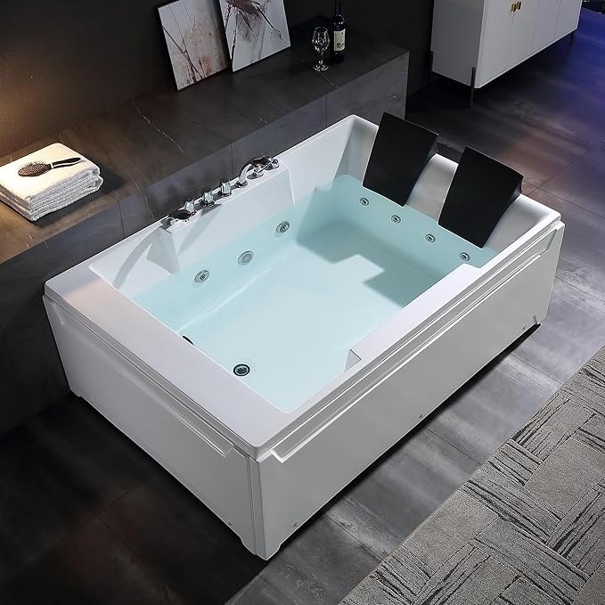 Empava 1125W Whirlpool Tub,72" x 48" Jetted Bathtub for 2 Person, Hydro Massage & Chromatherapy,ETL Certified,3 Sided Apron,Acrylic ,110 Gallons,Left Drain