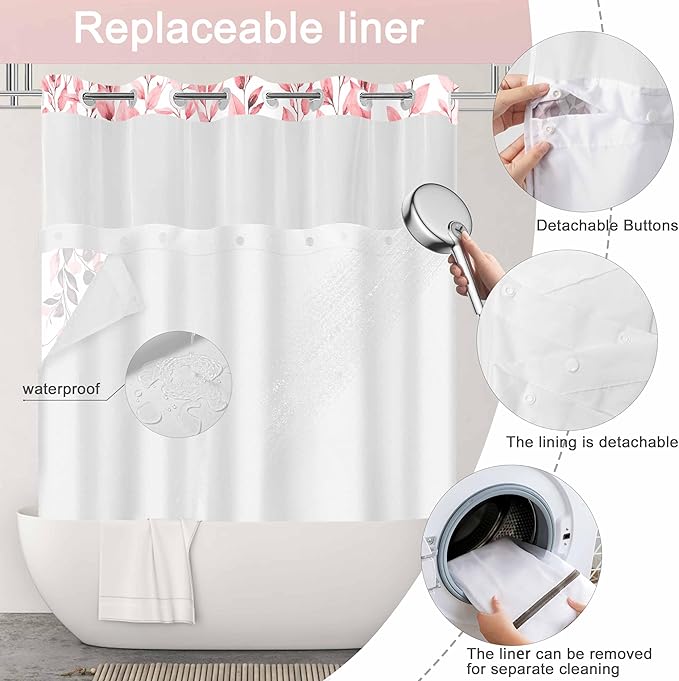 No Hook Shower Curtain and Liner Set, Pink Eucalyptus Floral Shower Curtains for Bathroom, Bath Curtain Sets with Snap in Liner, Waterproof with See Through Top Window, 71x74 Inches