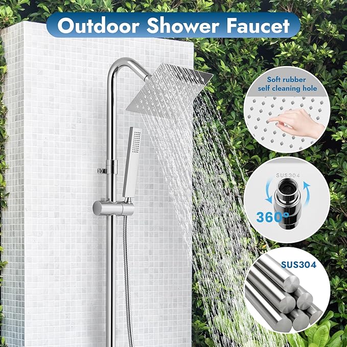 Wall Mount Outdoor Shower Kit Polish Chrome 6" Square Rainfall Shower Head with Hand Held Spray Double Cross Handles with Adjustable Slide Bar Exposed 2 Function Shower Faucet Fixture