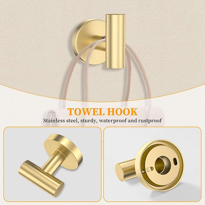 Brushed Gold Towel Bar Set 10 Pieces Round Bathroom Hardware Set Includes 23.6in Towel Bar Towel Ring Toilet Paper Holder Towel Hooks Stainless Steel Wall-Mounted Bathroom Towel Holder Set