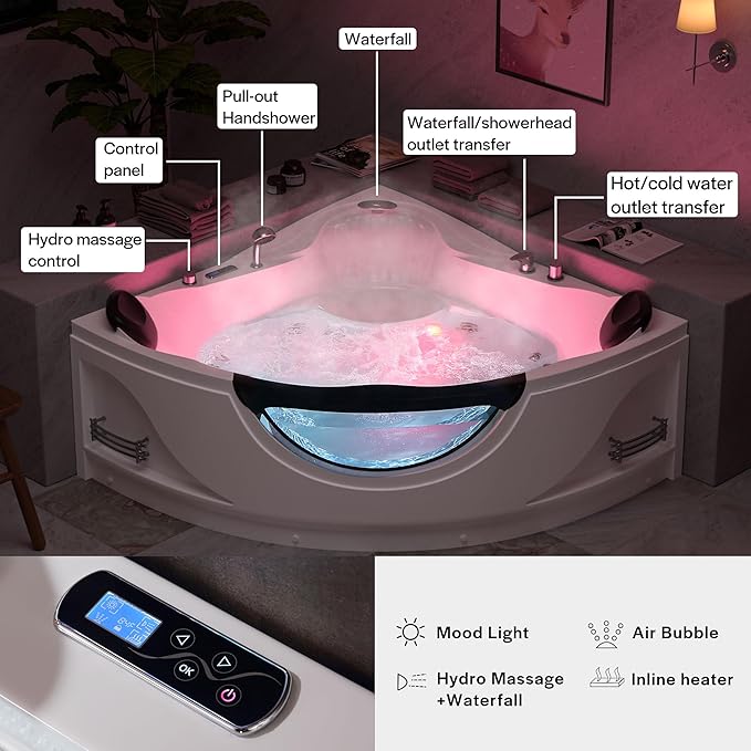 Empava 59" Corner Whirlpool Bathtub for 2-Person, Luxury Jetted Spa Tub with 10 Hydro Massage Jets, Built-In Heater, Chromatherapy LED Lights & Constant Heat System, ETL Certified Acrylic Tub
