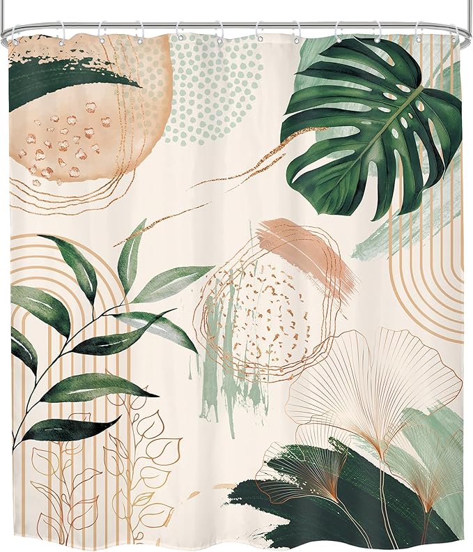 Boho Shower Curtain 72Wx84H Extra Long Bohemian Modern Mid Century Abstract Sage Green Tropical Palm Leaves Plant Bathroom Decor Minimalist Geometric Bath Curtain Fabric Polyester 12 Pack Hooks