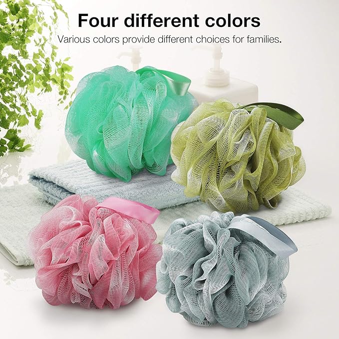 Bath Shower Loofah Sponge 60g Bath Mesh Pouf Shower Ball Body Scrubber Exfoliating Bath Sponge for Women and Men, Set of 4, Black (Loofah-Medium, Army Green)