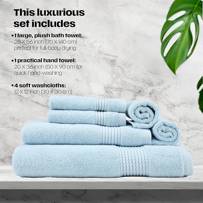 East'N Blue Lara Premium Bath Towel Set 6 Piece - Soft & Highly Absorbent Bathroom Towel Set, 100% Luxury Turkish Cotton, Flannel Bath Towels, 1 Bath Towel, 1 Hand Towel, 4 Washcloths - Ice Blue