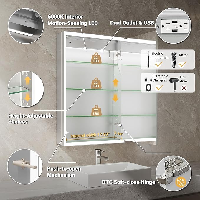 20x32 Lighted Medicine Cabinet with Beveled Mirror & Clock, Surface or Recessed Mirrored Medicine Cabinet with Dimmable Light Anti-fog, Built-in Sensing Light & Outlet, Soft-Close Right Hinge