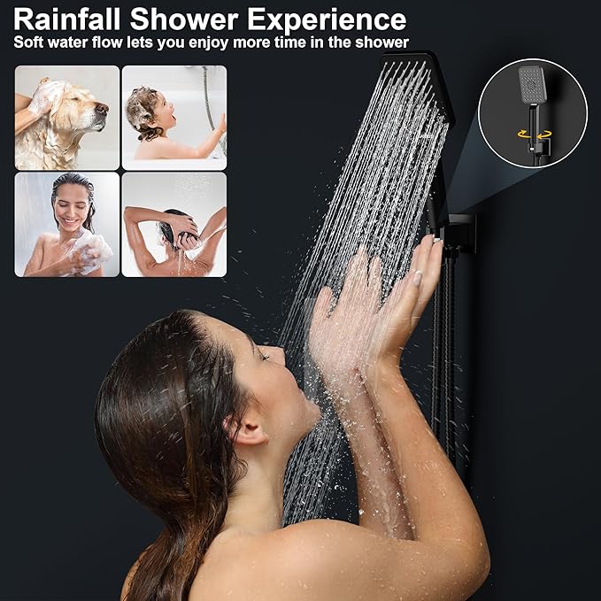 Rain Shower System 10IN Modern Brass Faucet Set With Valve and Diverter Shower Mixer With Handheld High Pressure Square Rainfall Shower Valve (10'' Wall Mount, Matte Black)
