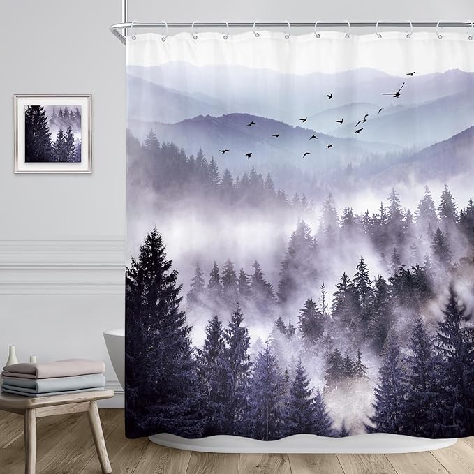 Riyidecor Purple Shower Curtain，Mountain Shower Curtains for Bathroom Nature Woodland Scenery Landscape Rustic Pine Tree View for Mens Natural Fabric Polyester Waterproof 12 Pack Hooks 60Wx72H Inch