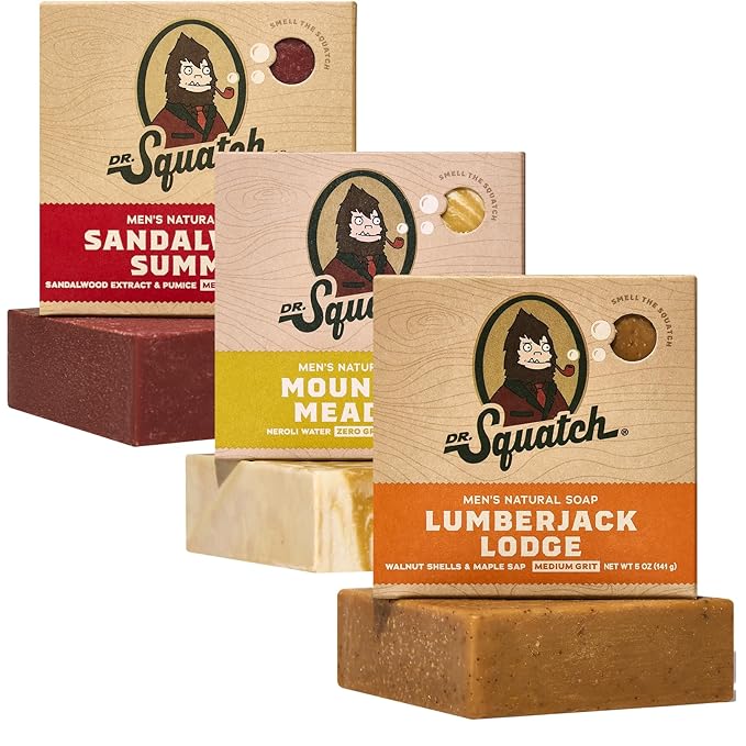 Dr. Squatch Natural Bar Soap for Men - Cold Process Soap with No Harsh Chemicals - Sandalwood Summit, Mountain Meadow & Lumberjack Lodge (5 oz, 3-Pack)