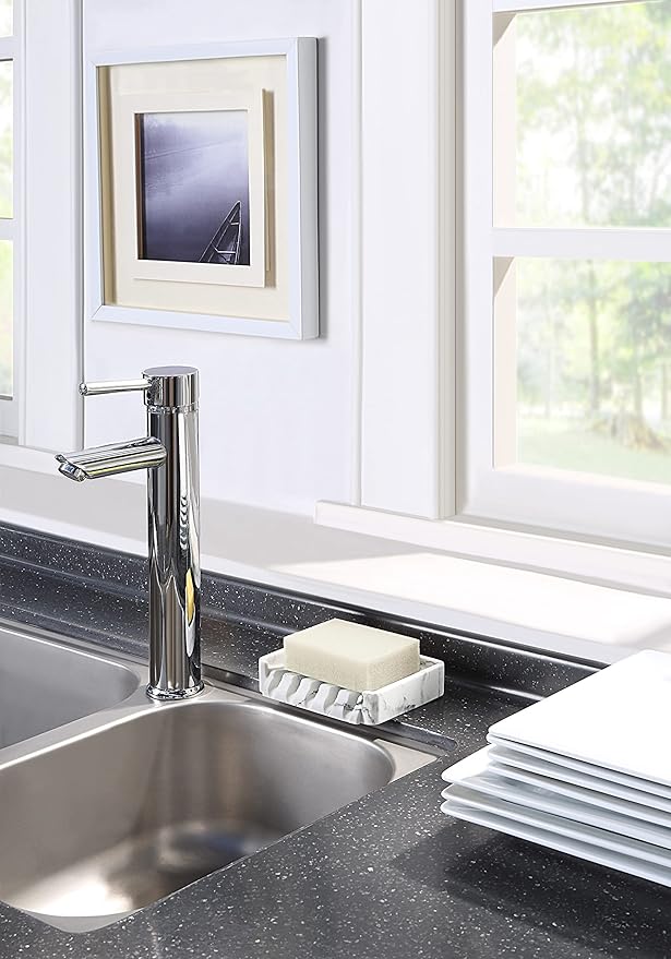 SunnyPoint Classic Kitchen, Bathroom Faux Marble Soap, Sponge Dish Drainer Holder (WHT, Resin)