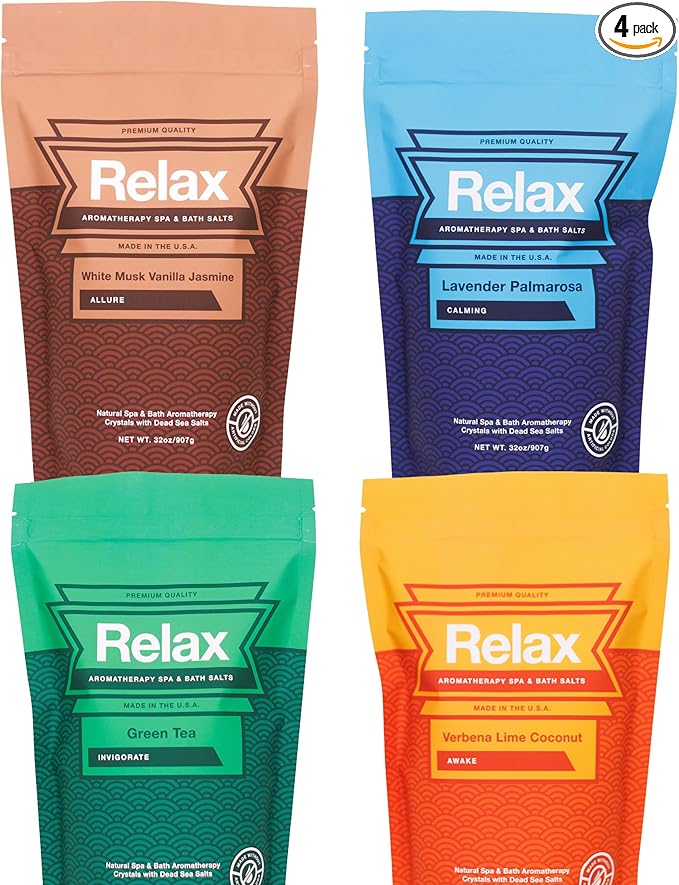 Relax Spa & Bath, Epsom & Dead Sea Salts, Aromatherapy Bath Salts for Hot Tub, Bath, or Spa, Infused with Magnesium, 4 Pack, Escape Therapy