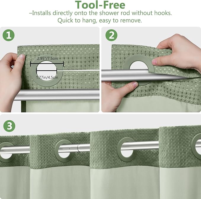 VANZAVANZU Hookless Shower Curtain with Mesh Top and Snap in Waterproof Liner, Waffle Weave, Weighted Magnets Hem, Machine Washable, 72 x 75 Inches – (Green)