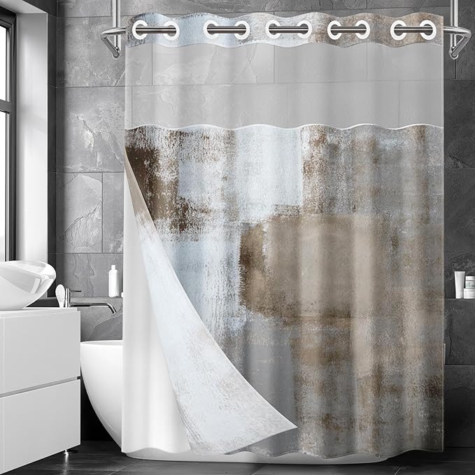 No Hook Grey Brown Painting Shower Curtain with Snap in Fabric Liner Set, Gray Abstract Double Layers Waterproof Fabric with See Through Top Window Open Grommet Bath Curtain 71x74 Inch