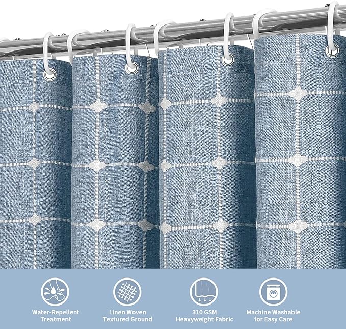 MitoVilla Boho Small Stall Shower Curtain 36 x 72, Blue Narrow Polyester Linen Fabric Shower Curtains for Farmhouse Bathroom Decor, Half Size Cloth Shower Curtain Set with Hooks