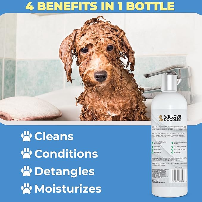 We Love Doodles Pet Rubber Bath Brush and Dog Shampoo (Bundle) - For Shower Scrubbing & Soothing Massage and Organic Dog Shampoo, Conditioner & Detangler - Made in the USA