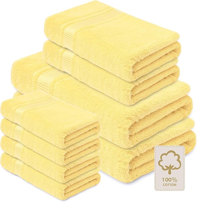 Melissa Linen 8 Piece Bath Towel Set, 2 Bath, 2 Hand, 4 Fingertip Towels - 100% Turkish Cotton, Absorbent, Quick Dry, Durable & Soft - Light Yellow