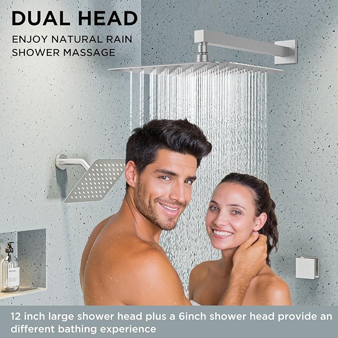 Shower Systems with 4 Body Spray Jets, STARBATH 4 Way 12+6" Rainfall Shower Head with Handheld Combo, Wall Mounted Shower Jets System in Wall Shower Faucet Sets Complete, Brushed Nickel