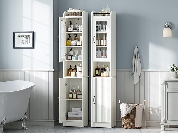 71" H Tall Bathroom Storage Cabinet, Narrow Bathroom Cabinet with Glass Door Slim Cabinet with Adjustable Shelf Skinny Linen Tower Thin Linen Storage for Small Space, Cream White