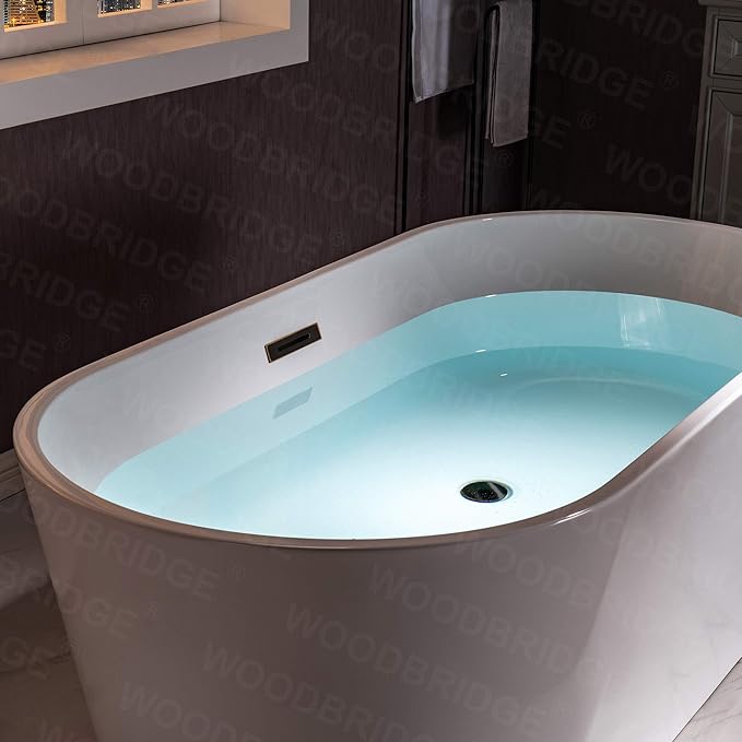 WOODBRIDGE 59" Acrylic Freestanding Bathtub Contemporary Soaking Tub, White Acrylic (Oil Rubbed Bronze Drain/Overflow),B0014 ORB Drain &O