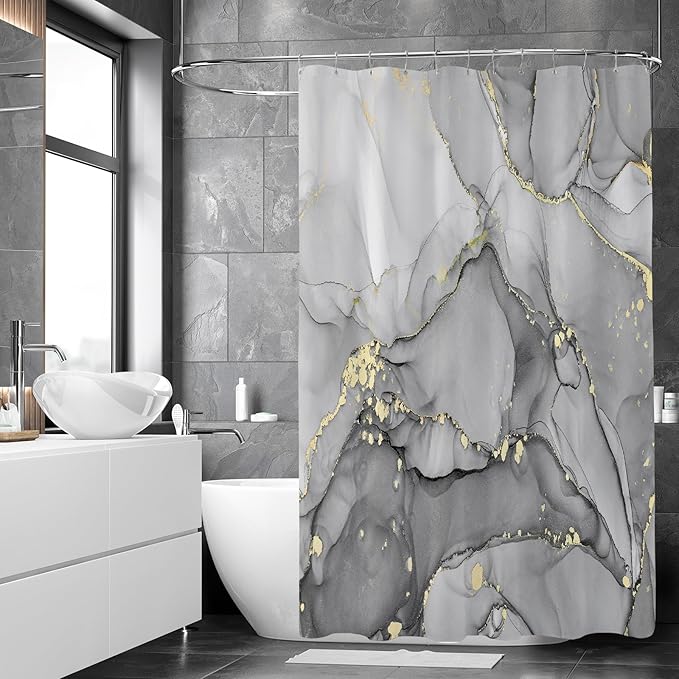 Small Stall Marble Shower Curtain 36 x 72 Inch, Half Narrow Abstract Modern Shower Curtains for Bathroom, Luxury Art Ink Texture Fabric Shower Curtain Set with Hooks, Grey