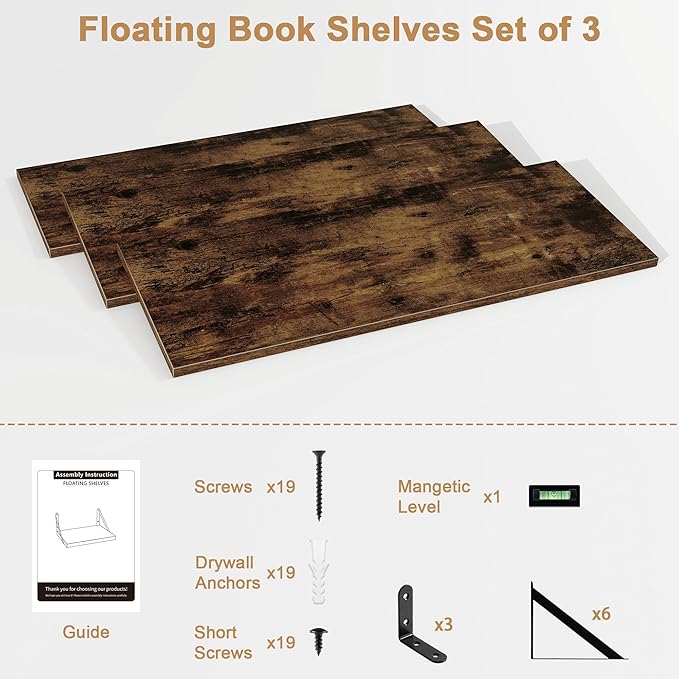 Fun Memories Floating Shelves, 32 x 8 Inches, Set of 3 Wall-Mounted Bookshelves with Metal Brackets, Decorative Storage for Home and Office (Rustic Brown)