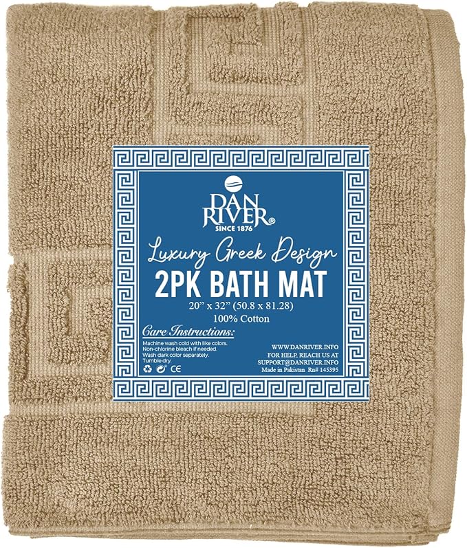 DAN RIVER Greek Cotton Bath Mats Set of 2 – Not a Bathroom Rug, Ultra Soft, Highly Absorbent & Machine Washable Bath Mat Towel for Bathroom Floor Mat – Durable, Quick-Dry, 21x34 Inches, Tan