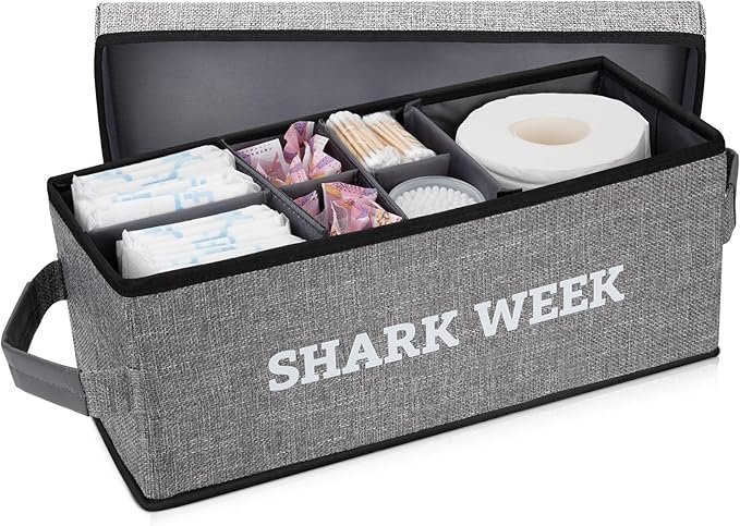 Tampon Holder for Bathroom, Bathroom Storage Containers with Lid, Adjustable Divider Feminine Product Organizer, Tampon Organizer, Bathroom Accessories Decor Boxes (Grey Printed SHARK WEEK, 1-Pack)