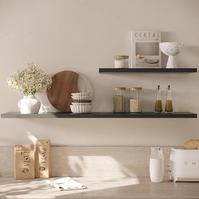 Wall Shelf Set of 3, Black Floating Shelves 30 in W x 10 in D x 1 in H, Wooden Floating Wall Shelf with Invisible Brackets for Living Room/Bedroom/Bathroom/Kitchen Storage and Decor