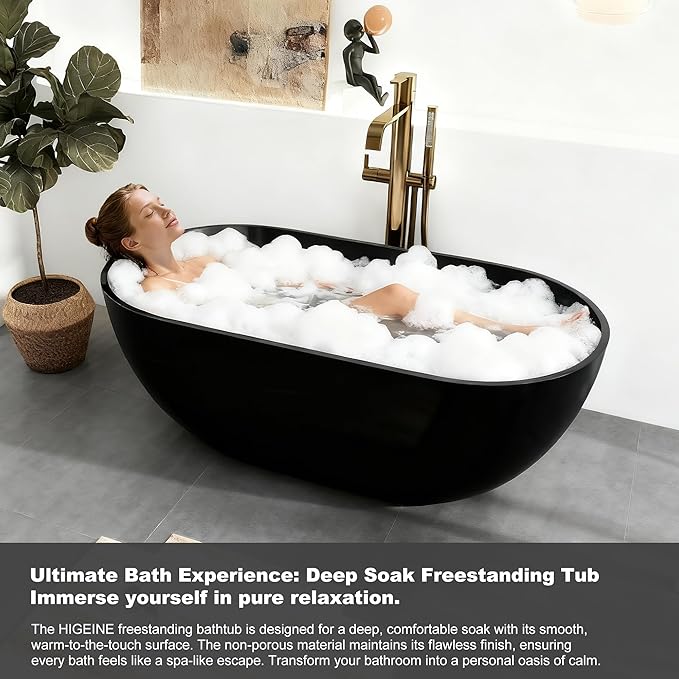 69" Premium Solid Surface Freestanding Bathtub, Upgraded Stone Resin Tub with Overflow and Pop-up Drain, Matte Black