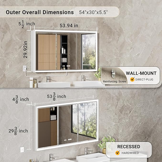 54x30 Beveled Lighted Medicine Cabinet with Mirror & Lights, Surface or Recessed Mirrored Medicine Cabinet with Outlet & Clock, Anti-Fog Dimmable LED Storage Cabinet, Built-in Sensor Light