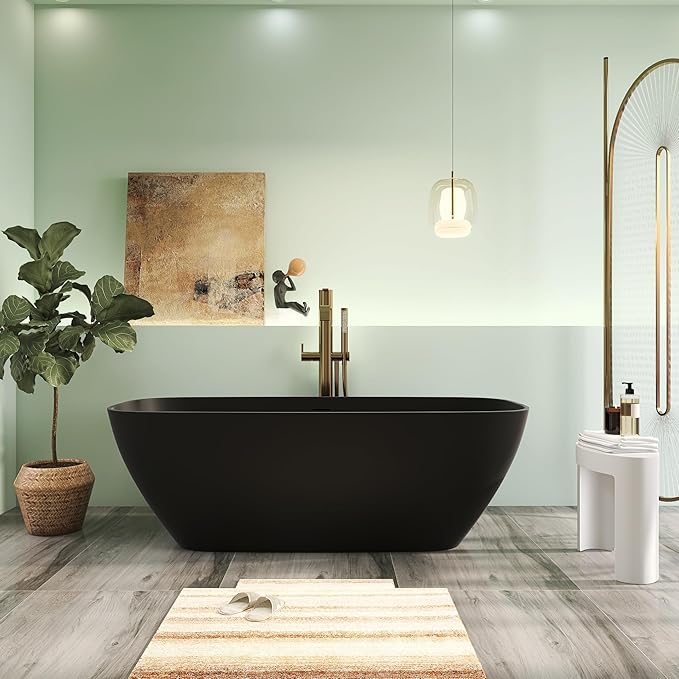67" Premium Solid Surface Freestanding Bathtub, Upgraded Oval Stone Resin Soaking Tubs with Overflow and Pop-up Drain, Matte Black