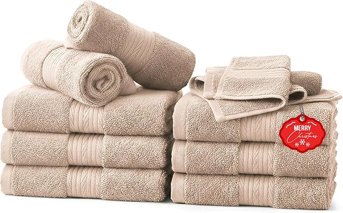 Ample Decor Wash Cloths Pack of 10, Oeko Tex Certified 600 GSM 100% Cotton Soft Absorbent, Premium Quality Durable Machine Washable, Ideal for Bathroom, Pool, Hotel, Spa – Beige