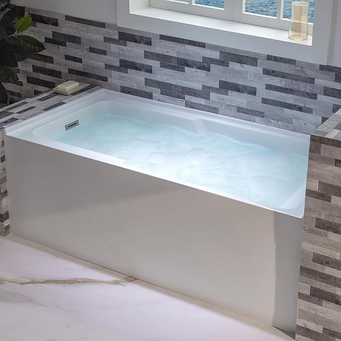 WOODBRIDGE 60" Acrylic Rectangular Alcove Soaking Bathtub in White with Left Drain, Brushed Nickel pop-UP Drain Included BA6030L