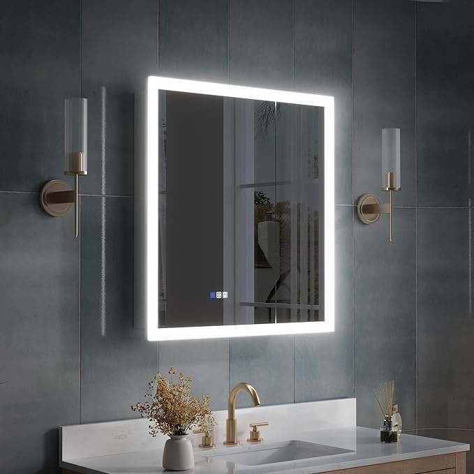 WELLFOR 30 x 32 Inch LED Medicine Cabinet with Lights, 3X Magnification Makeup Mirror, Bathroom Vanity Mirror Cabinet with Storage, Anti Fog, Surface or Recess Mount, Double Opening Door