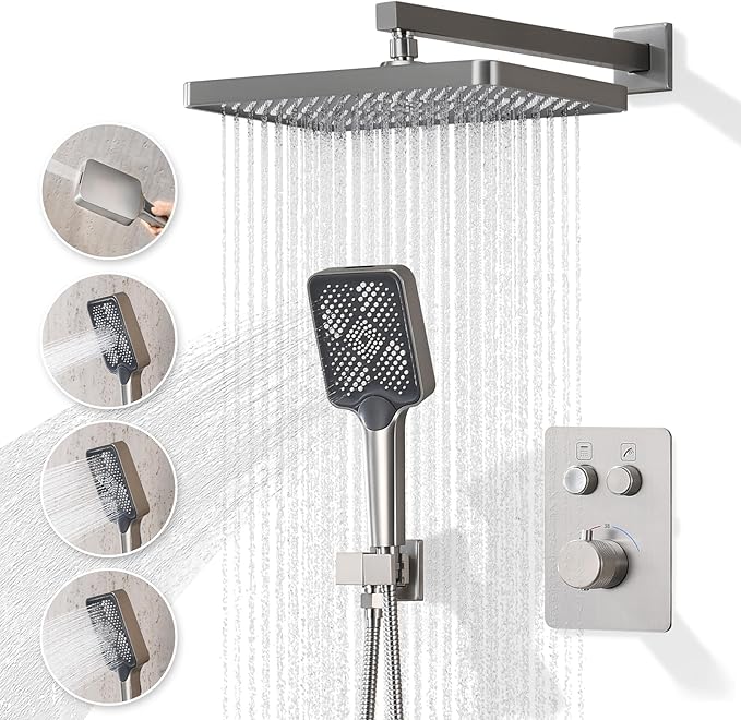Thermostatic Shower Valve/System 12 inches Nickel Brass Faucet Set With Diverter/Mixer With Handheld Rain Head High Pressure Modern Rainfall