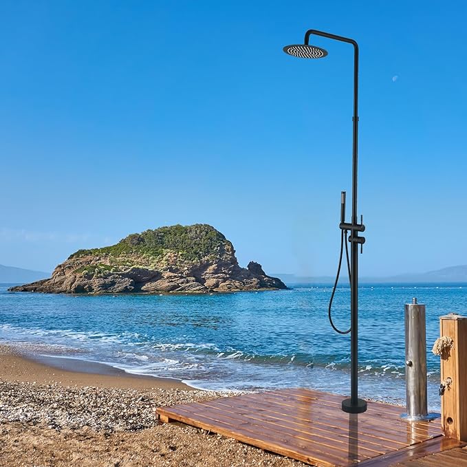 RBROHANT Freestanding Outdoor Shower Black, Height Adjustable Outside Showers for Backyard Garden Pool Beach, Outdoor Shower Fixtures with 10” Rain Shower Head and Handheld, Matte Black, JK0316