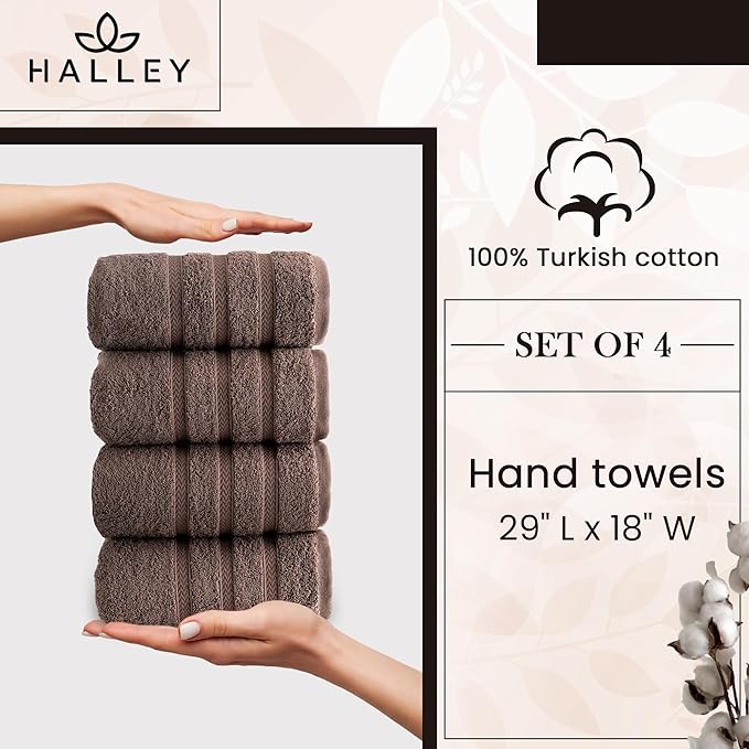 HALLEY Turkish 4 Pack Premium Hand Towels (4 Pieces) 650 GSM Highly Absorbent Super Soft 100% Cotton - 4 Hand Towels (Brown)