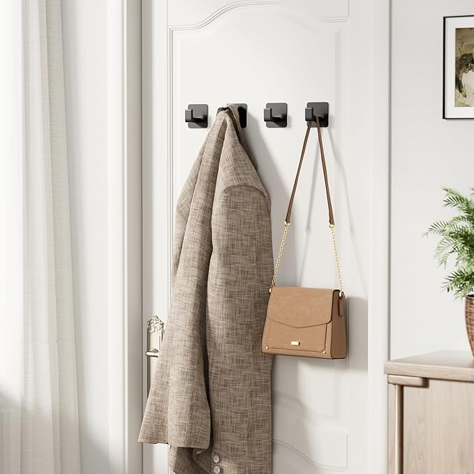 Square Self Adhesive Towel Hooks - 4 Pack Matte Black Metal Hooks, Right-Angle Design for Towels, Robes & Hats, Organize Bathroom, Kitchen, Entryway, Doors, Cabinets on Smooth Surfaces