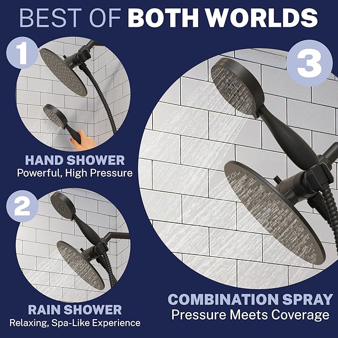 HammerHead Showers Dual Shower Head Combo, 8-Inch Rainfall & 3-Flow Handheld, Matte Black, 2.5 GPM