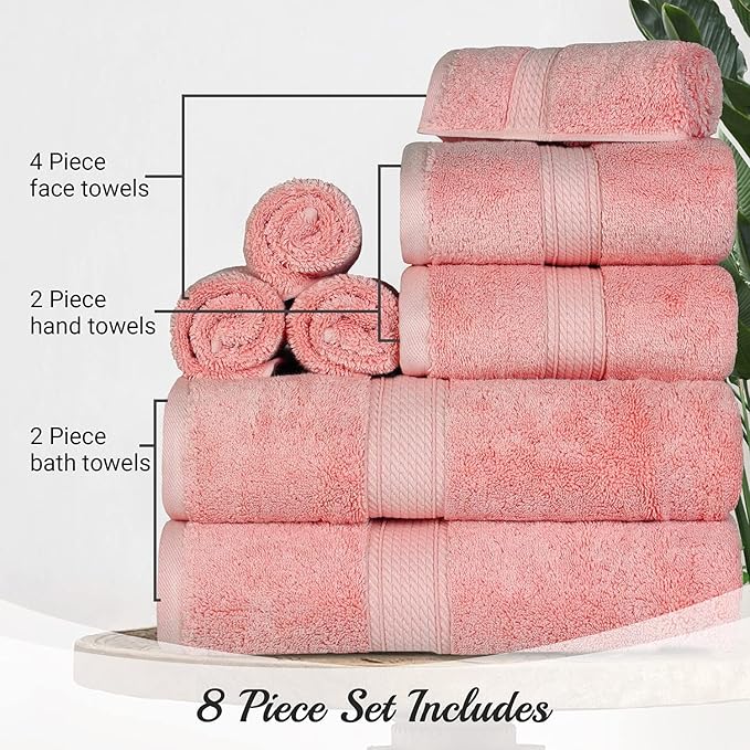 BLUENILEMILLS Madison Egyptian Cotton Towels, Towel Set for Bathroom, Shower, Hotel, Plush, 800 GSM, Highly Absorbent and Ultra-Soft Towels, Bath Essentials, 8 Piece Assorted Towel Set, Tea Rose