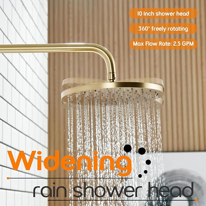 Bathroom Shower Trim Kit with 10'' High Pressure Rain Shower Head, 3-Function Handheld Spray and Valve Included, Wall Mounted Gold Finish SF001GD-D10