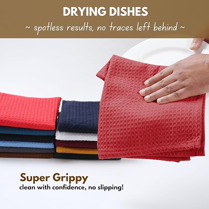 Native Fab Waffle Weave Dish Towels 12 Pack, 100% Cotton Kitchen Dishcloths with Hanging Loop, 16x26 Inches, Super Absorbent, Quick Dry for Kitchen Cleaning, Drying Dishes, Red