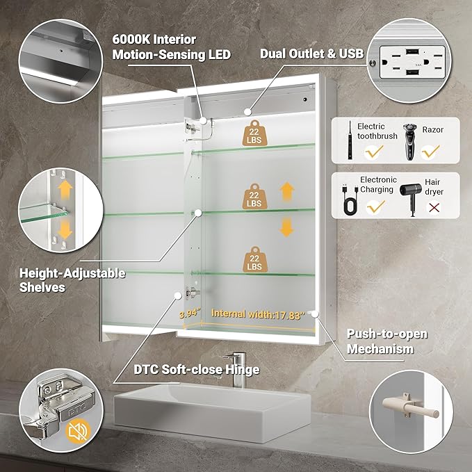 Beveled Lighted Medicine Cabinet with Mirror & Lights -20x32 Surface or Recessed Mirrored Medicine Cabinet with Outlet & Clock, Anti-Fog Dimmable LED Storage Cabinet, Built-in Sensor Light