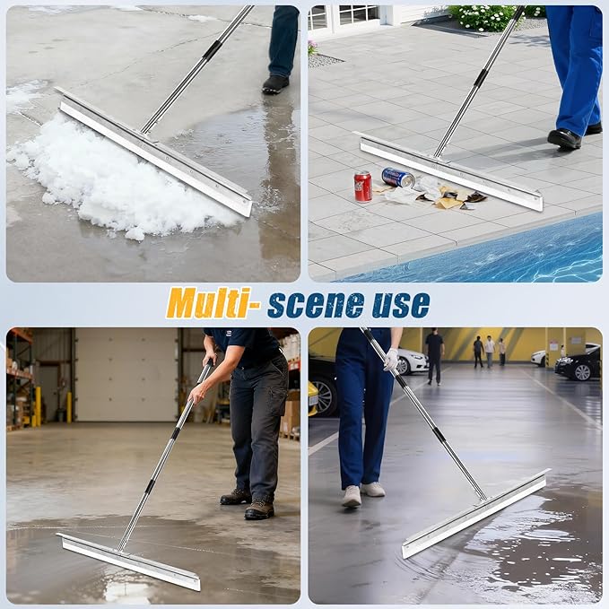 CAROD 33.4" Large Floor Squeegee for Concrete, Industrial Silicone Blade Squeegee for Floor with 63" Stainless Handle, Anti-Splash Curved Baffle Design for Garage, Factory, and Tough Cleaning Jobs
